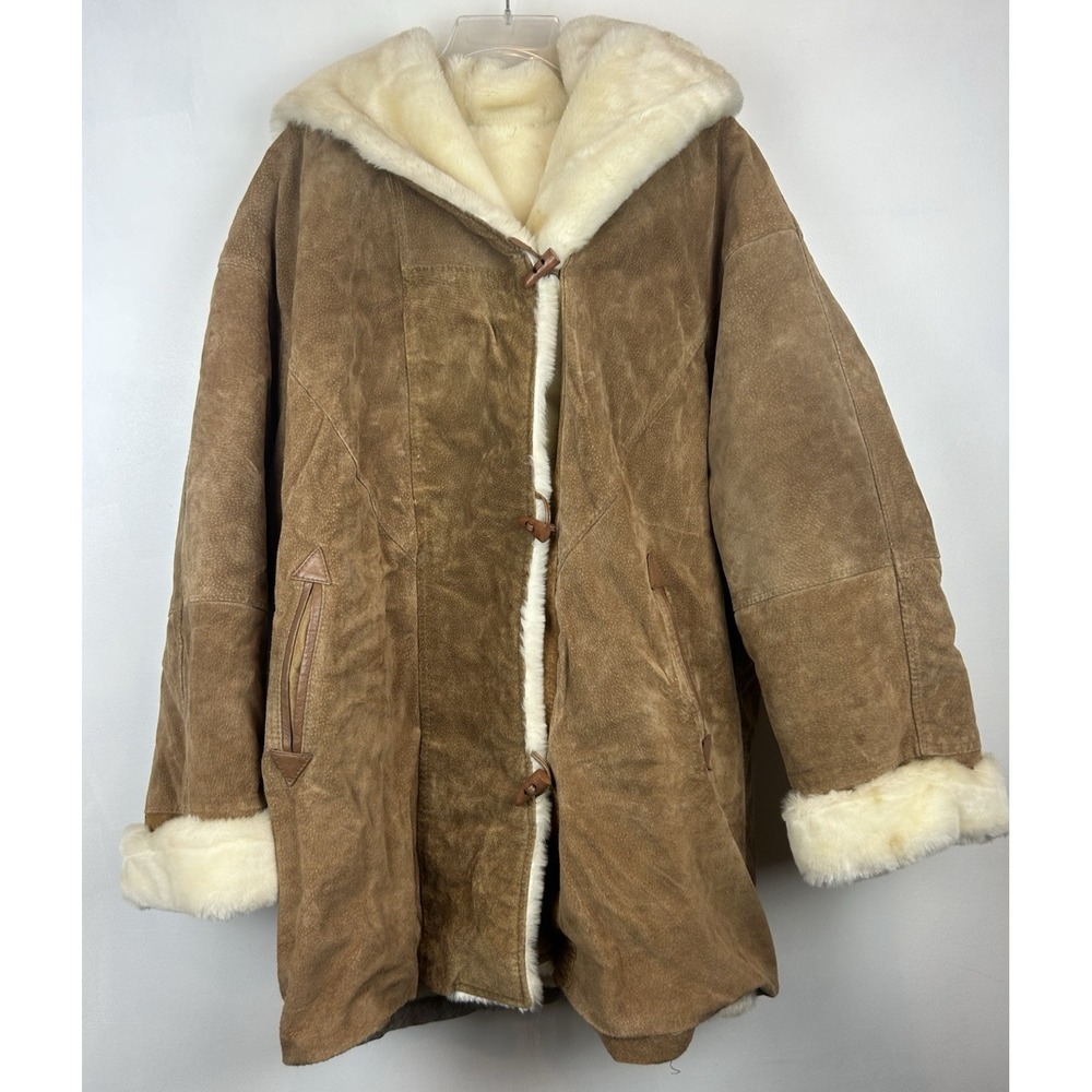 Marvin Richards Suede Coat Womens Large Faux Fur Toggle Hood Tan Penny Lane Read